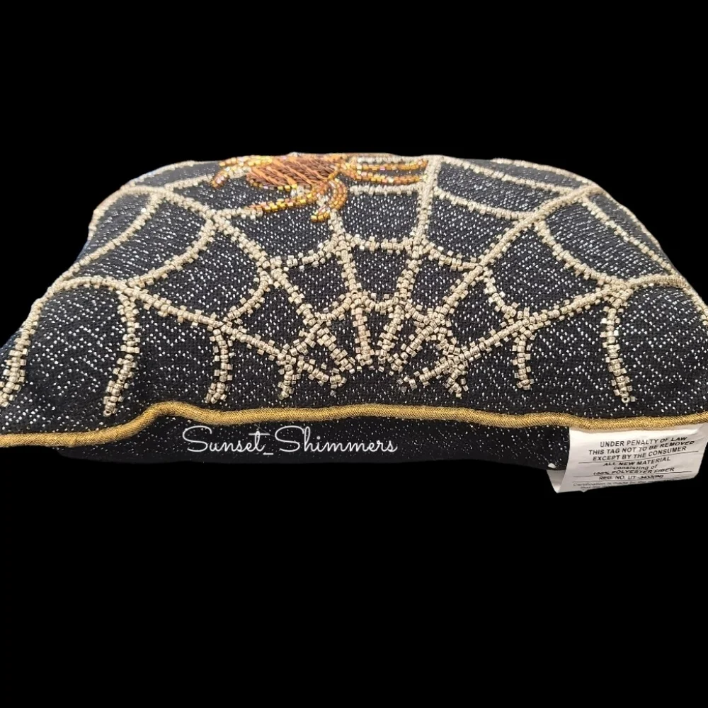 Witch Crafters Halloween Seguin Spider Beaded Spiderweb Pillow Spooky Decor 14
